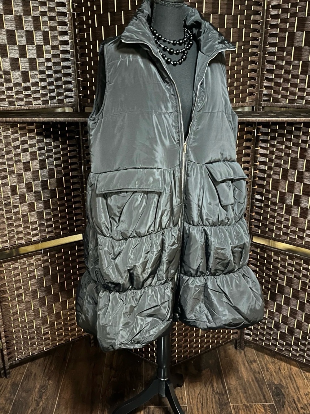 Puffy Oversize Vest with Tiered Ruffle Hem -
